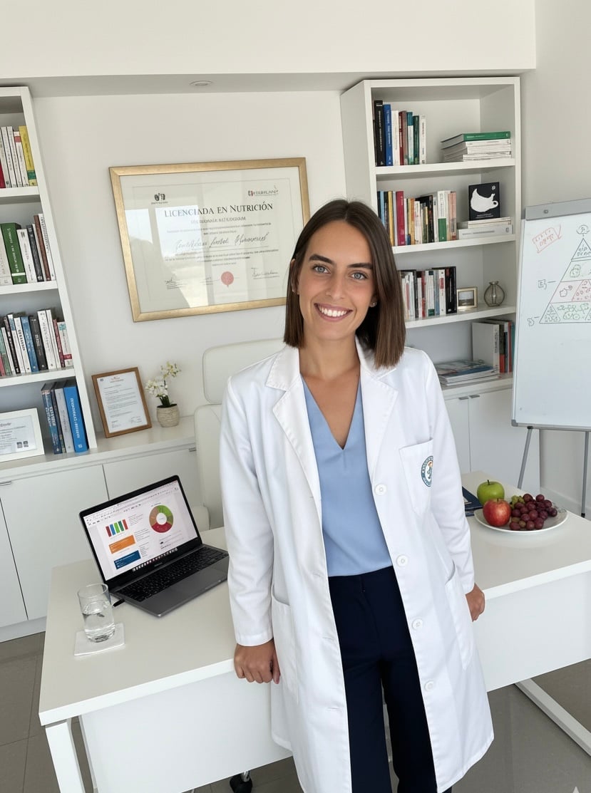 Female nutritionist in white coat smiling at desk in office with bookshelf, diploma, and laptop in background