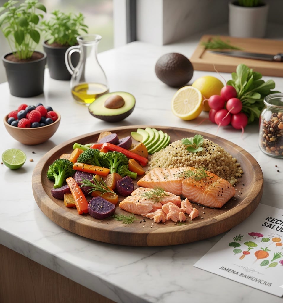 Healthy meal platter with grilled salmon, roasted vegetables, quinoa, and fresh ingredients arranged on a wooden plate on a white kitchen counter